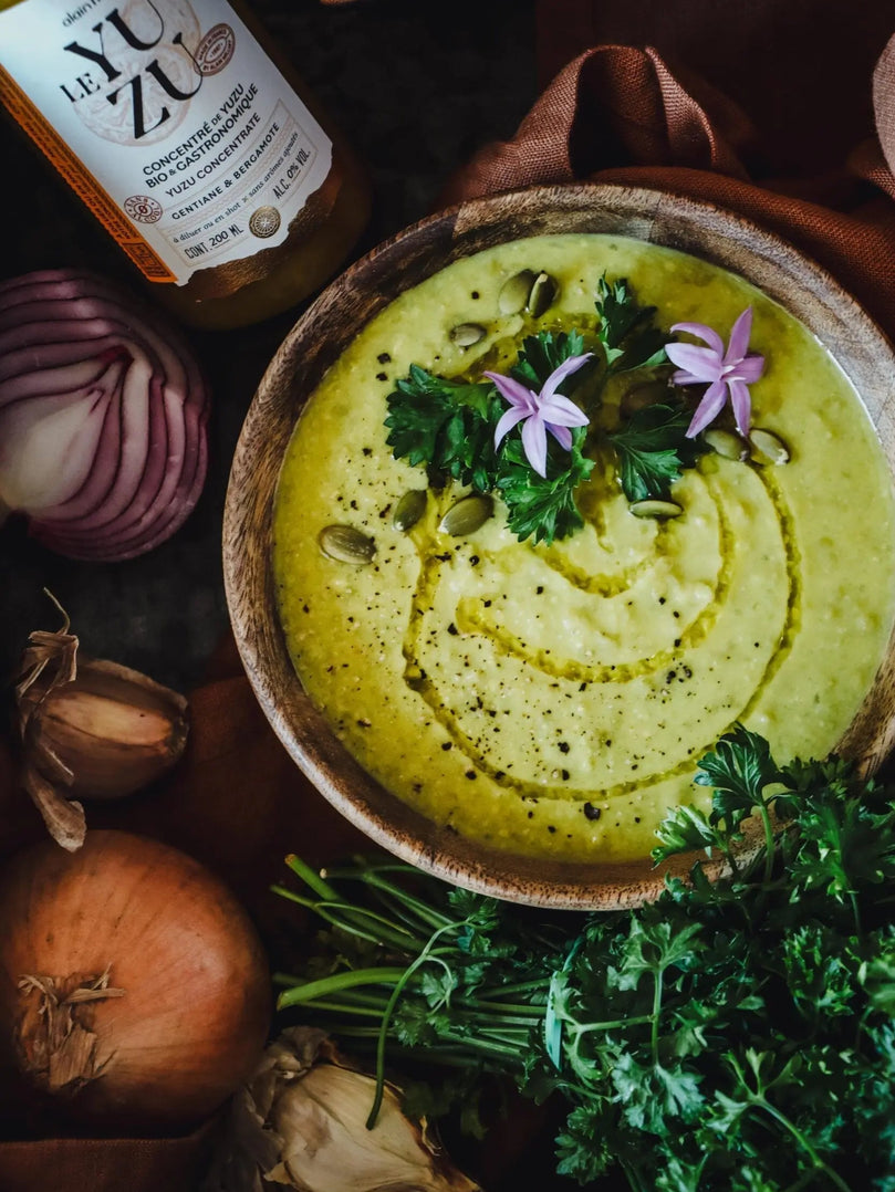 Un velouté de petits pois avec notre concentré Le Yuzu