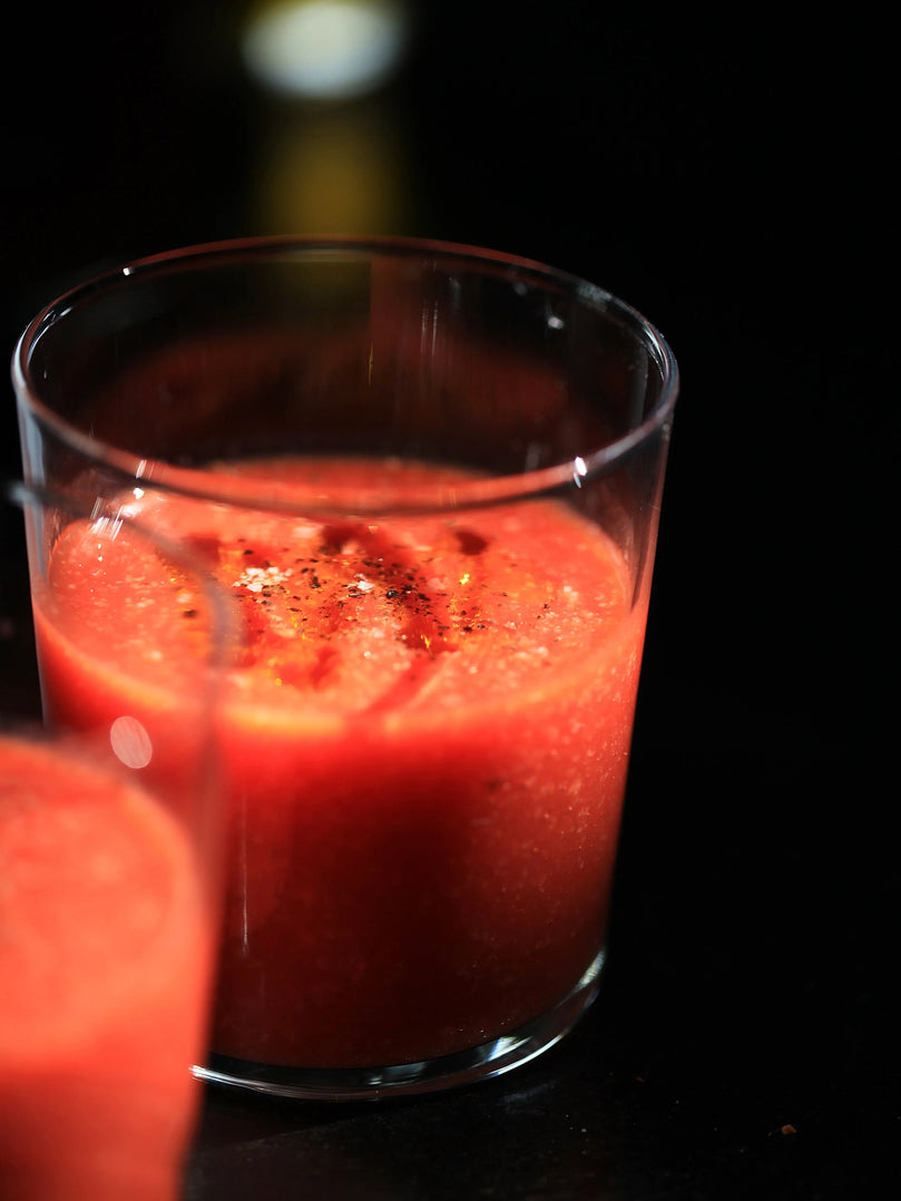 Gaspacho dressé en verrine, recette avec Jus Tomate Rouge Alain Milliat 